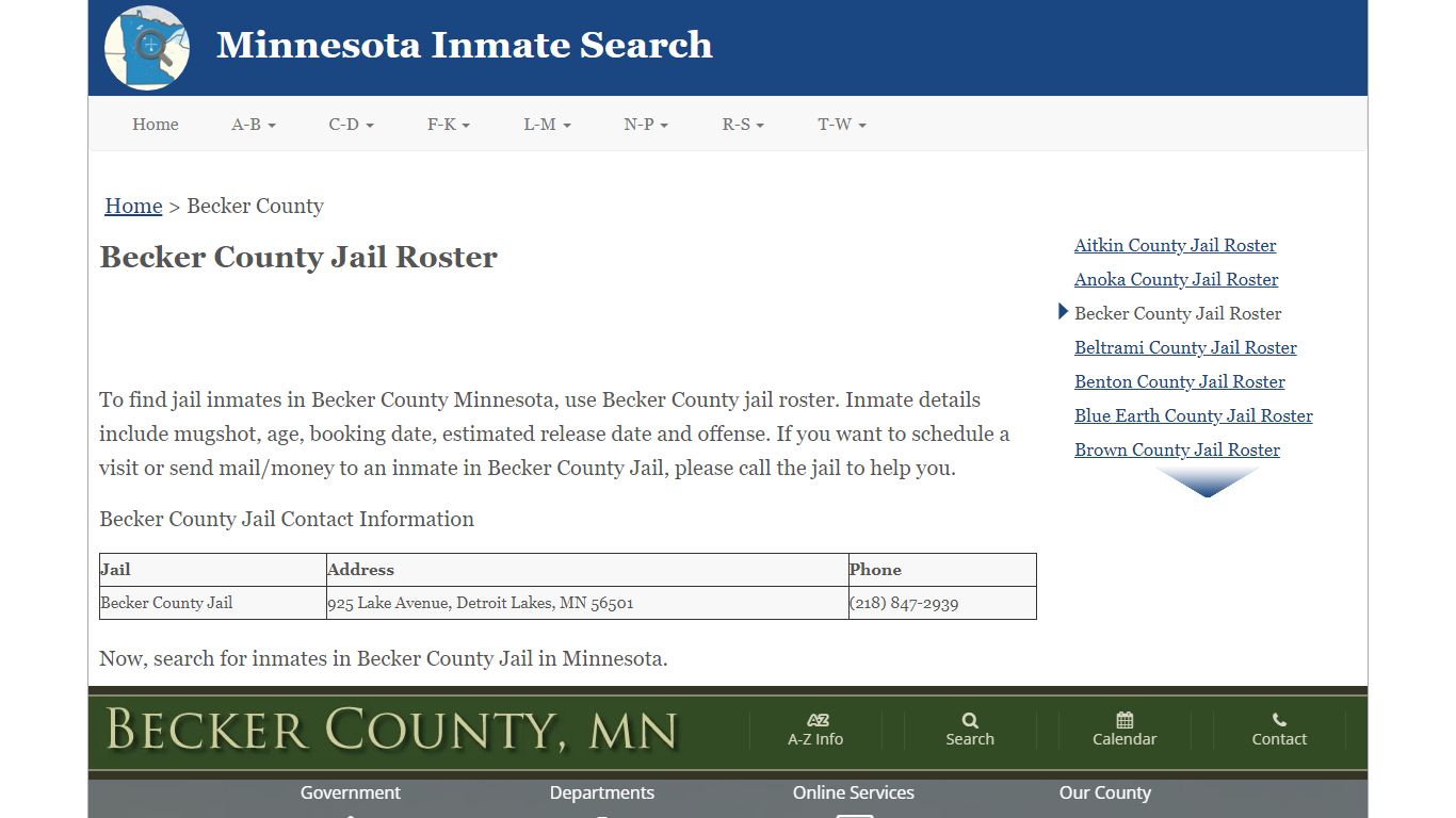 Becker County Jail Roster - Minnesota Inmate Search